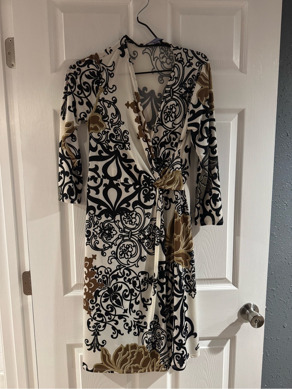 Vivienne Tam Cream Black & Gold Floral Wrap Dress